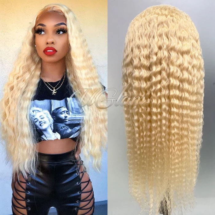 Uglam Transparent Full Lace Wigs 613 Honey Blonde Color Deep Wave